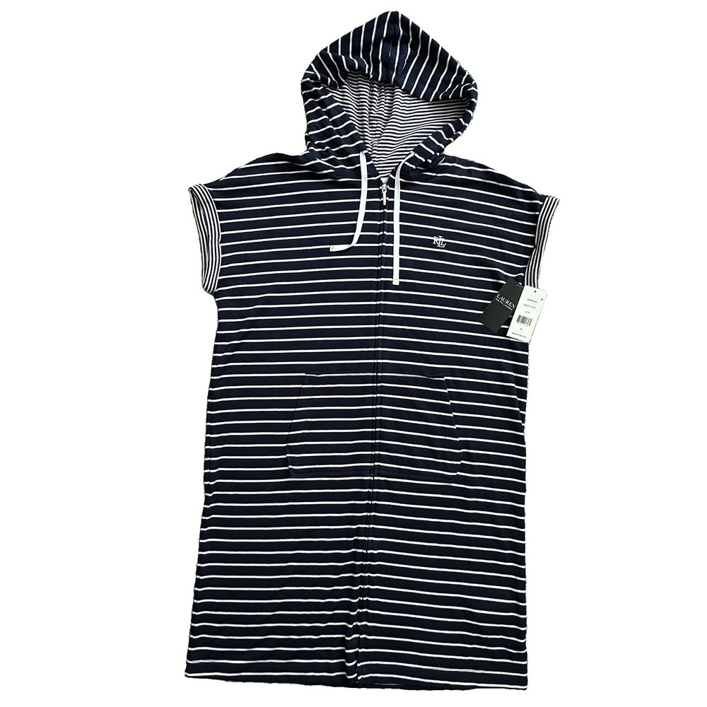 NWT Lauren Ralph Lauren Hooded Dress Lounger Full Zip Medium Navy White Stripe